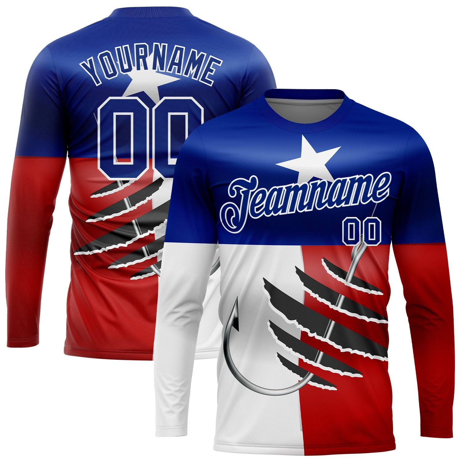 Custom Royal Red-White 3D Texas Flag And Fish Hook Fishing Long Sleeve Performance T-Shirt - Main View