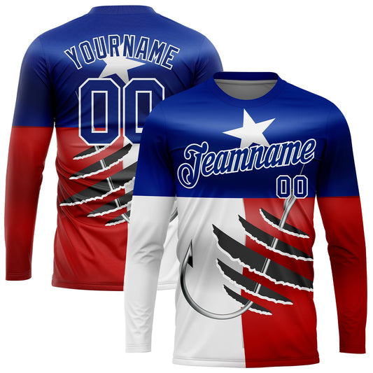Custom Royal Red-White 3D Texas Flag And Fish Hook Fishing Long Sleeve Performance T-Shirt - Main View