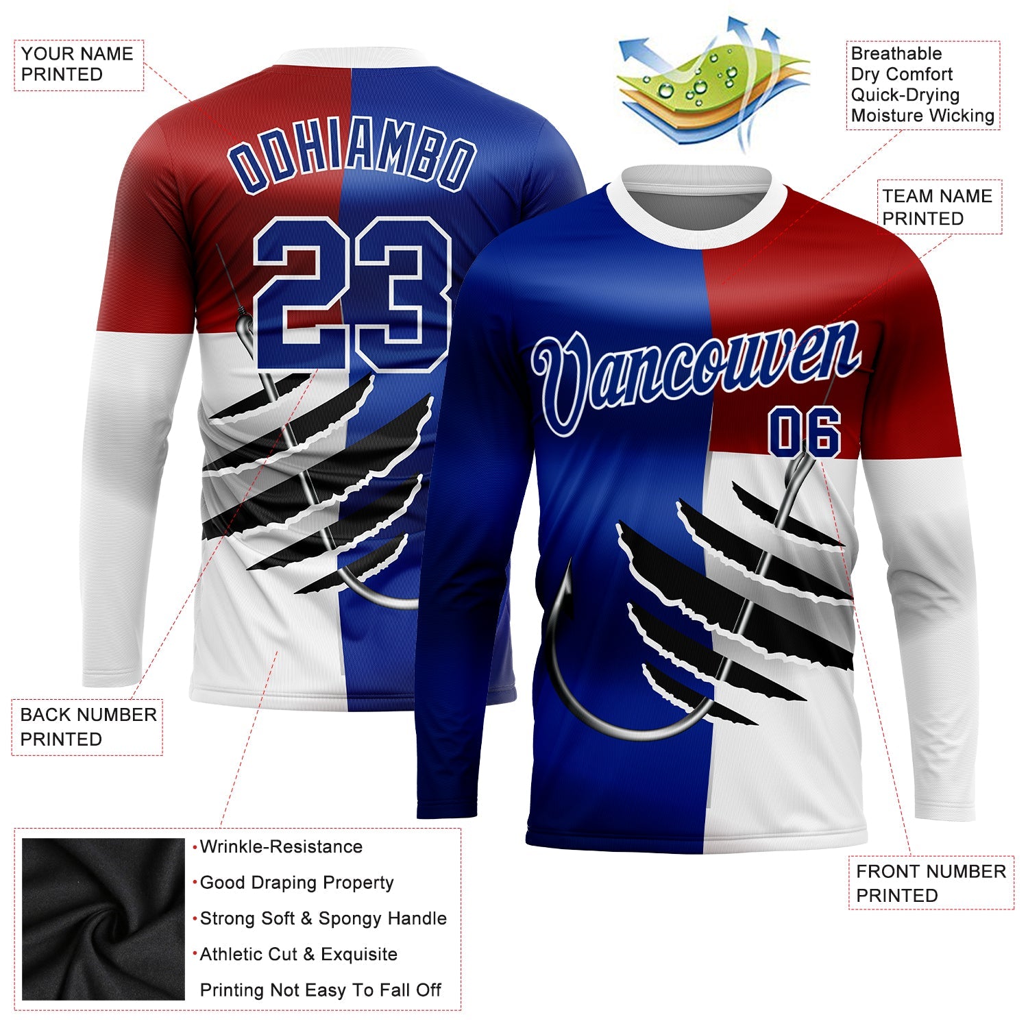 Custom Royal Red-White 3D Texas Flag And Fish Hook Fishing Long Sleeve Performance T-Shirt view 2