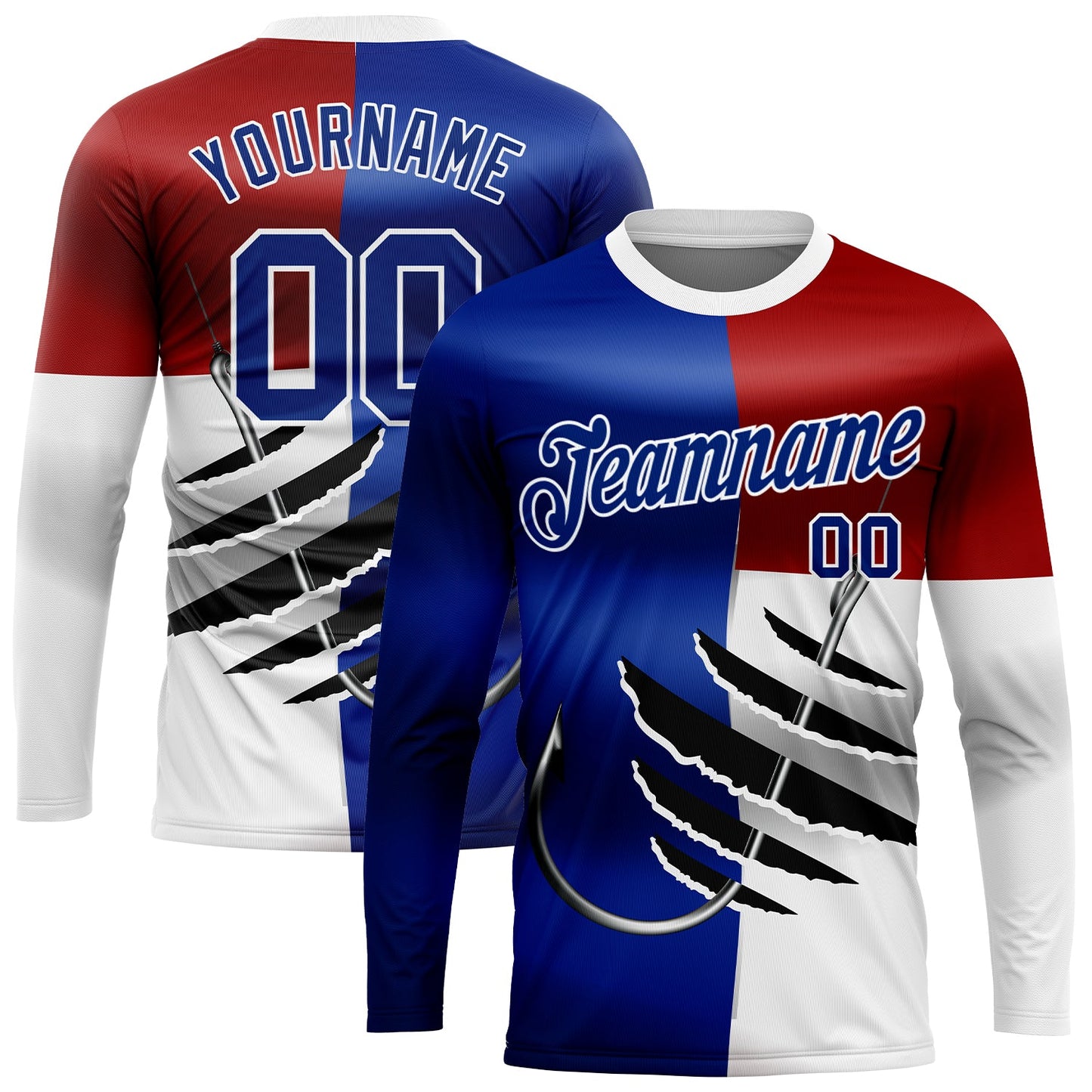 Custom Royal Red-White 3D Texas Flag And Fish Hook Fishing Long Sleeve Performance T-Shirt - Main View