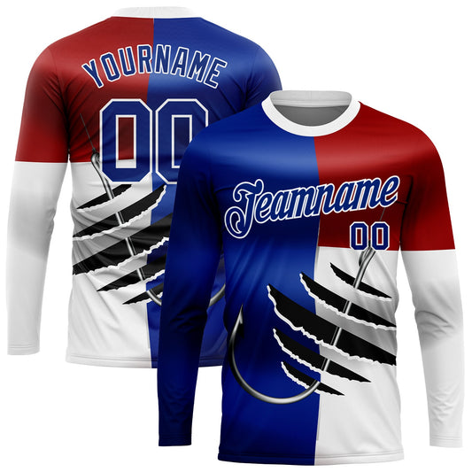 Custom Royal Red-White 3D Texas Flag And Fish Hook Fishing Long Sleeve Performance T-Shirt - Main View
