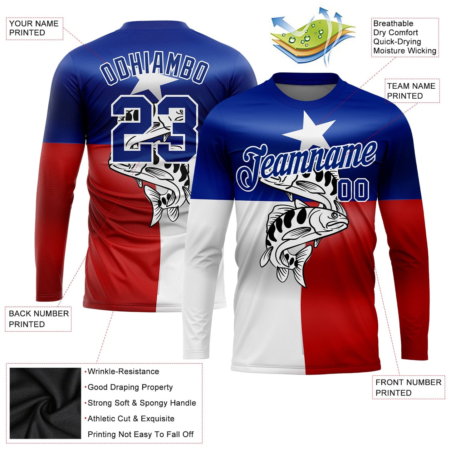 Custom Royal Red-White 3D Texas Flag And Fish Fishing Long Sleeve Performance T-Shirt view 2