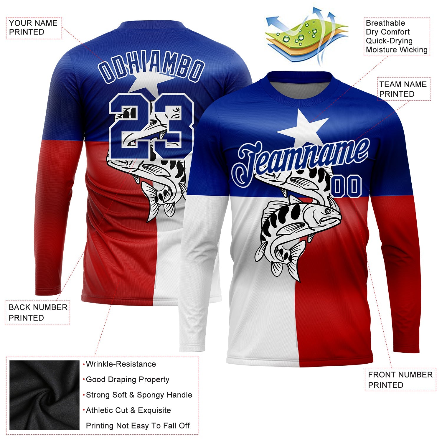 Custom Royal Red-White 3D Texas Flag And Fish Fishing Long Sleeve Performance T-Shirt view 2