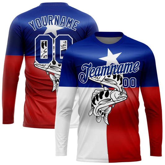 Custom Royal Red-White 3D Texas Flag And Fish Fishing Long Sleeve Performance T-Shirt - Main View