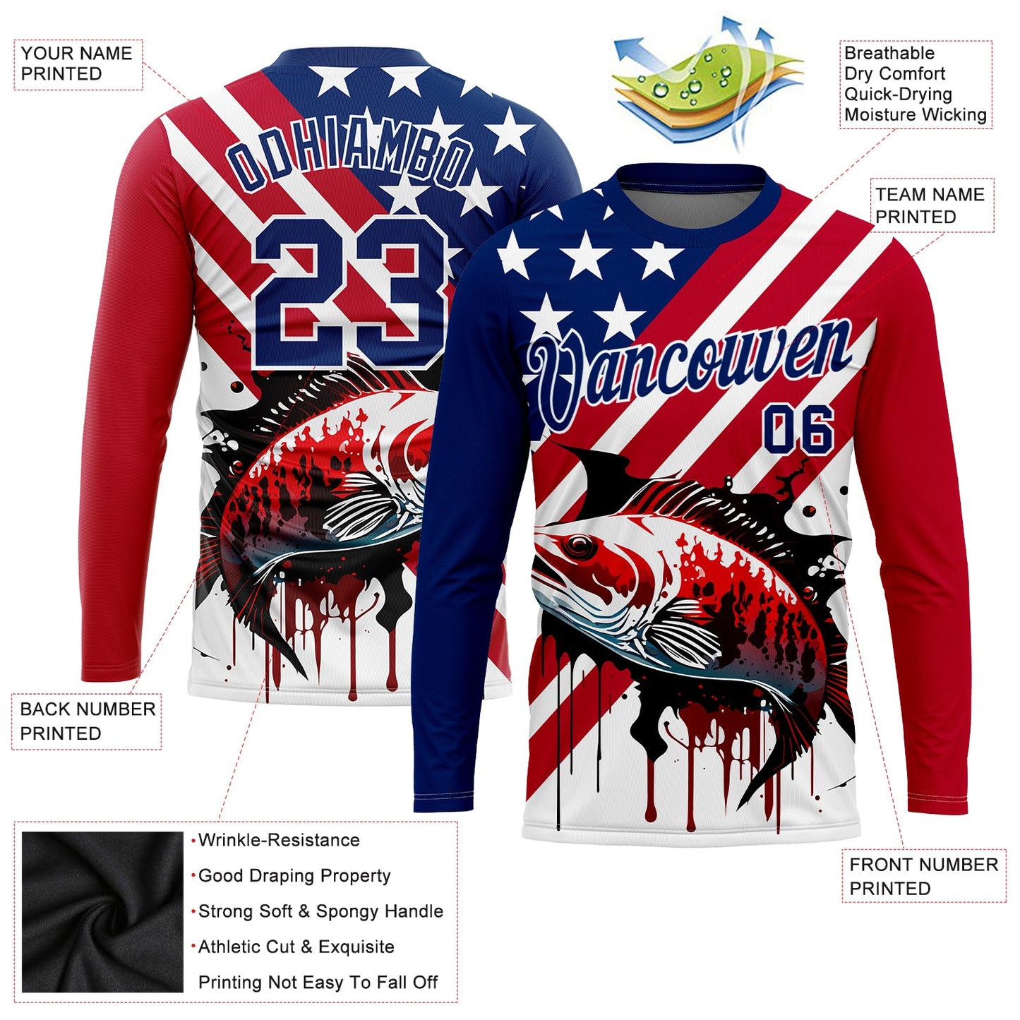 Custom US Navy Blue Red-White 3D American Flag And Bass Fish Fishing Long Sleeve Performance T-Shirt view 2