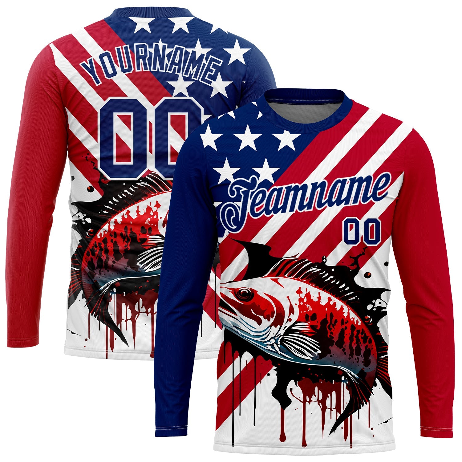 Custom US Navy Blue Red-White 3D American Flag And Bass Fish Fishing Long Sleeve Performance T-Shirt - Main View