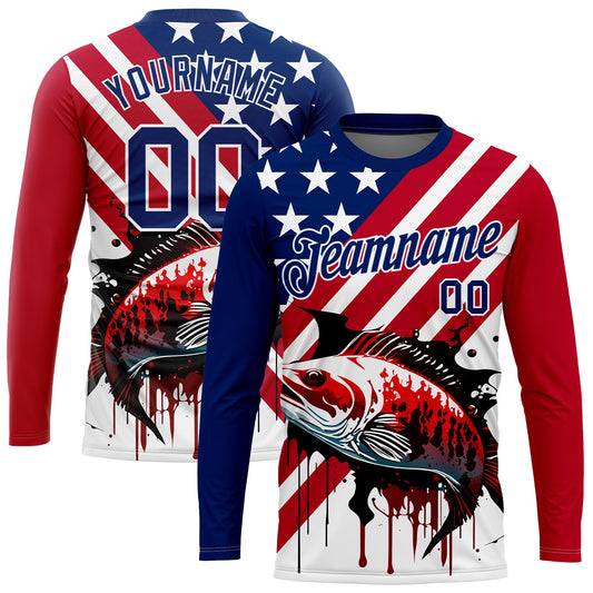 Custom US Navy Blue Red-White 3D American Flag And Bass Fish Fishing Long Sleeve Performance T-Shirt - Main View