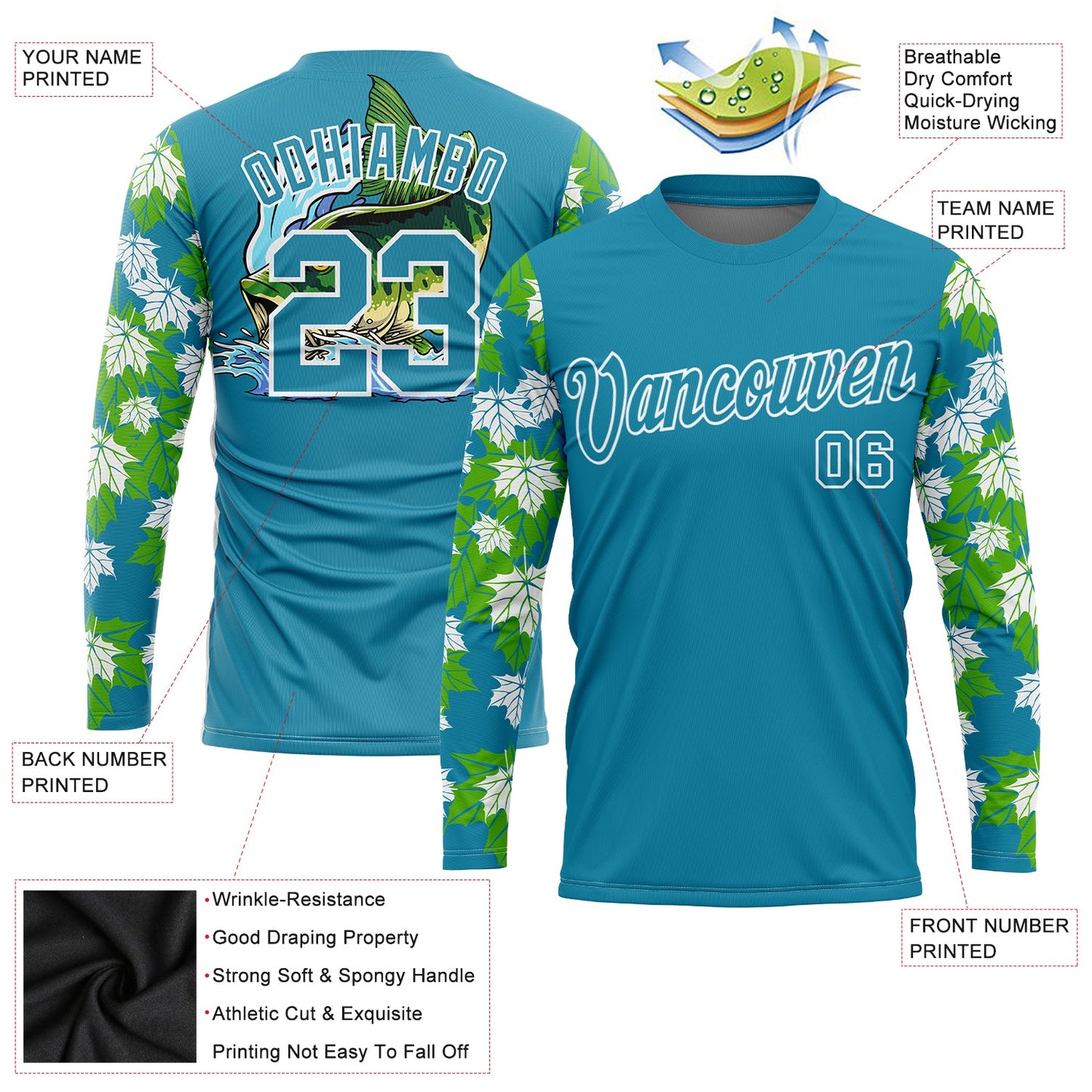 Custom Panther Blue White 3D Tropical Leaves And Bass Fish Fishing Long Sleeve Performance T-Shirt view 2