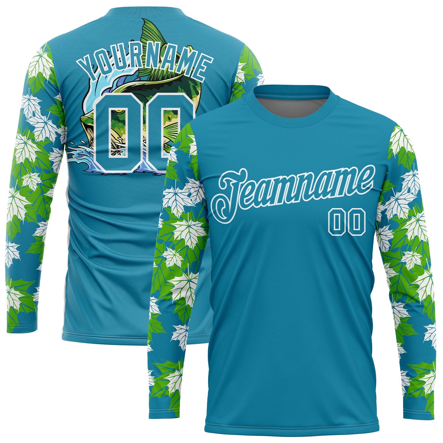 Custom Panther Blue White 3D Tropical Leaves And Bass Fish Fishing Long Sleeve Performance T-Shirt - Main View