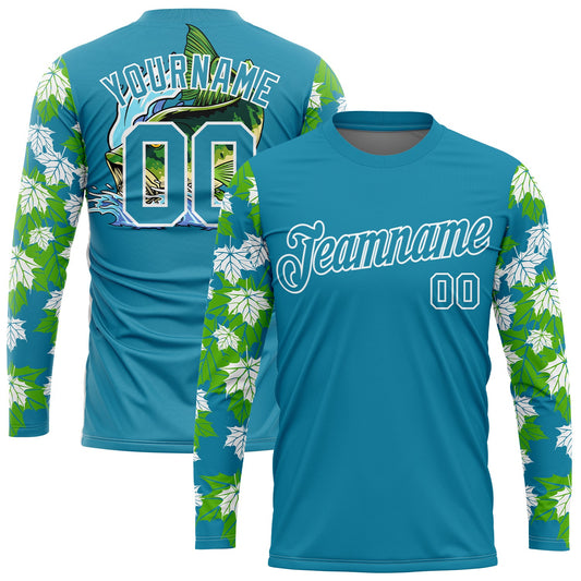 Custom Panther Blue White 3D Tropical Leaves And Bass Fish Fishing Long Sleeve Performance T-Shirt - Main View