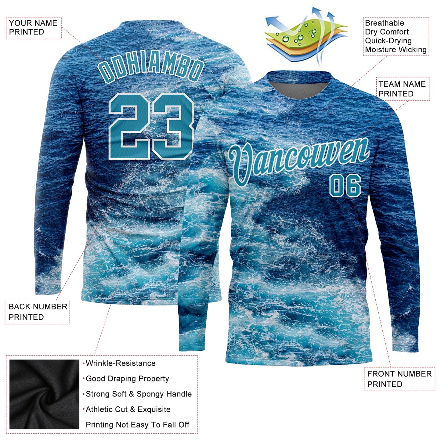 Custom Lakes Blue Royal-White 3D Sea Wave Fishing Long Sleeve Performance T-Shirt view 2