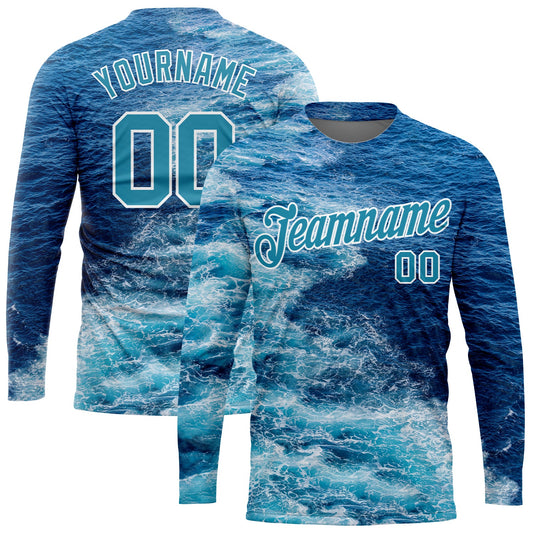 Custom Lakes Blue Royal-White 3D Sea Wave Fishing Long Sleeve Performance T-Shirt - Main View