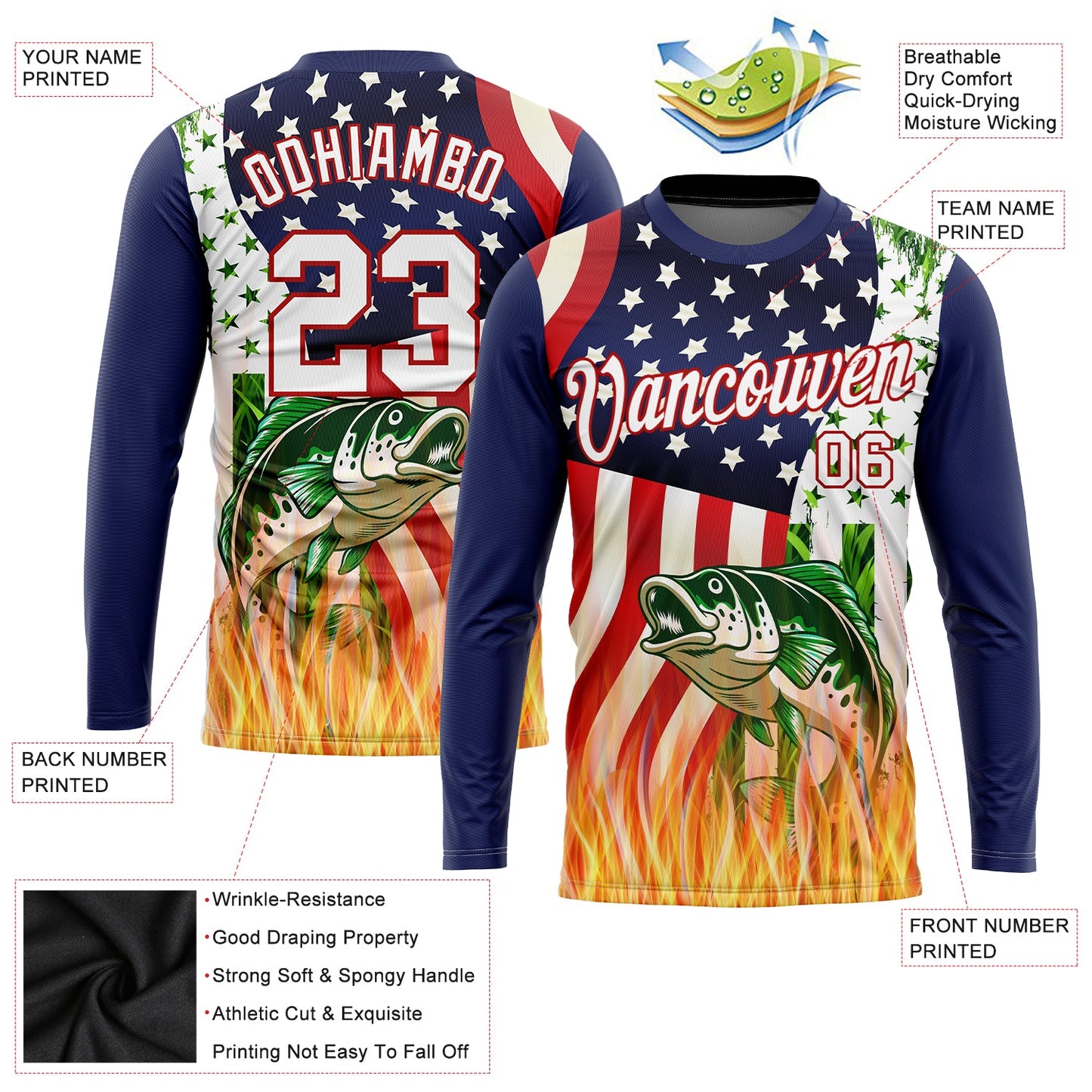 Custom Royal White-Red 3D American Flag And Bass Fish Fishing Long Sleeve Performance T-Shirt view 2