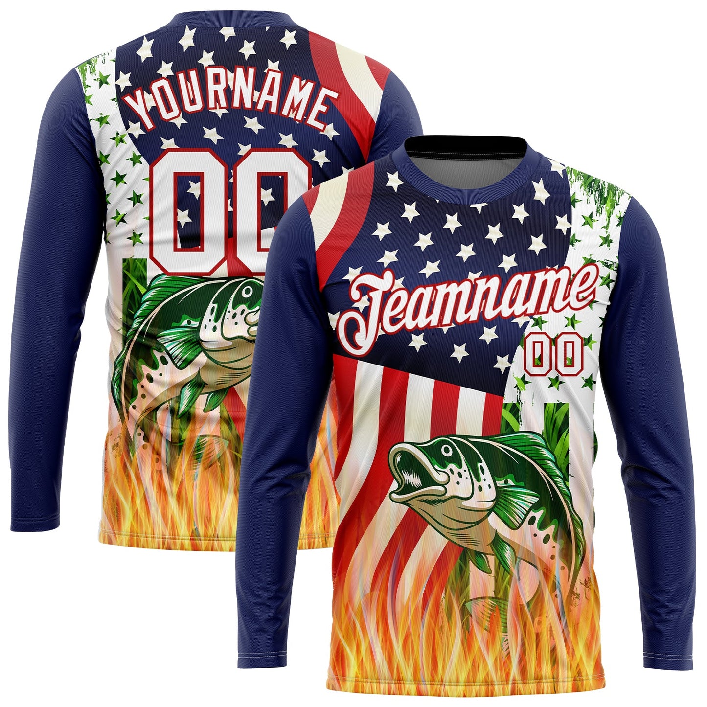 Custom Royal White-Red 3D American Flag And Bass Fish Fishing Long Sleeve Performance T-Shirt - Main View