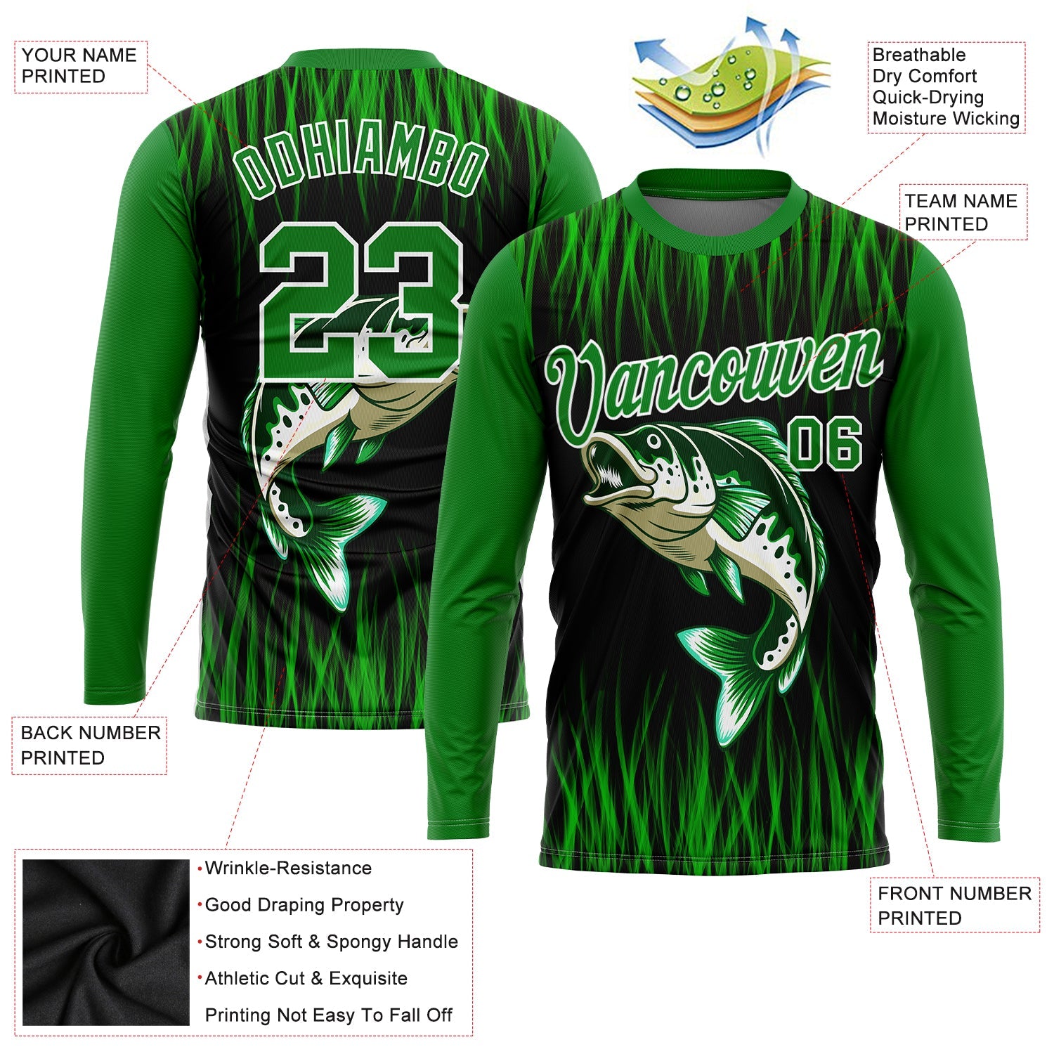 Custom Grass Green Black-White 3D Bass Fish Fishing Long Sleeve Performance T-Shirt view 2