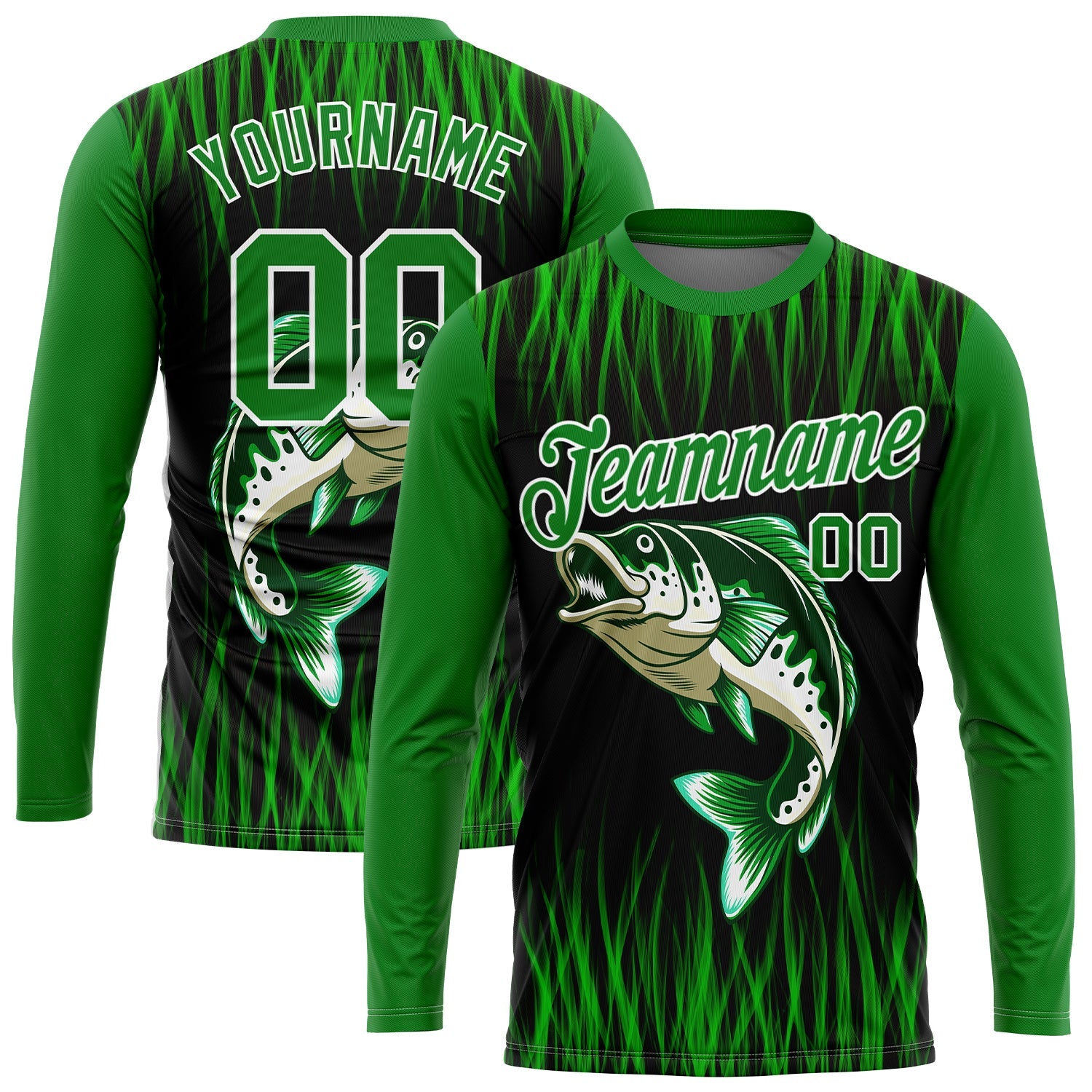 Custom Grass Green Black-White 3D Bass Fish Fishing Long Sleeve Performance T-Shirt - Main View