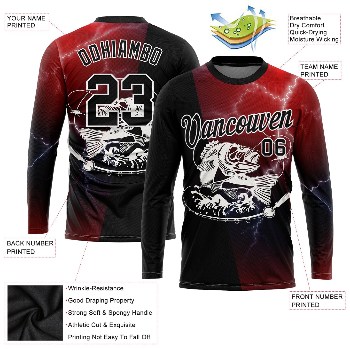 Custom Red Black-White 3D Lightning And Bass Fish Fishing Long Sleeve Performance T-Shirt view 2