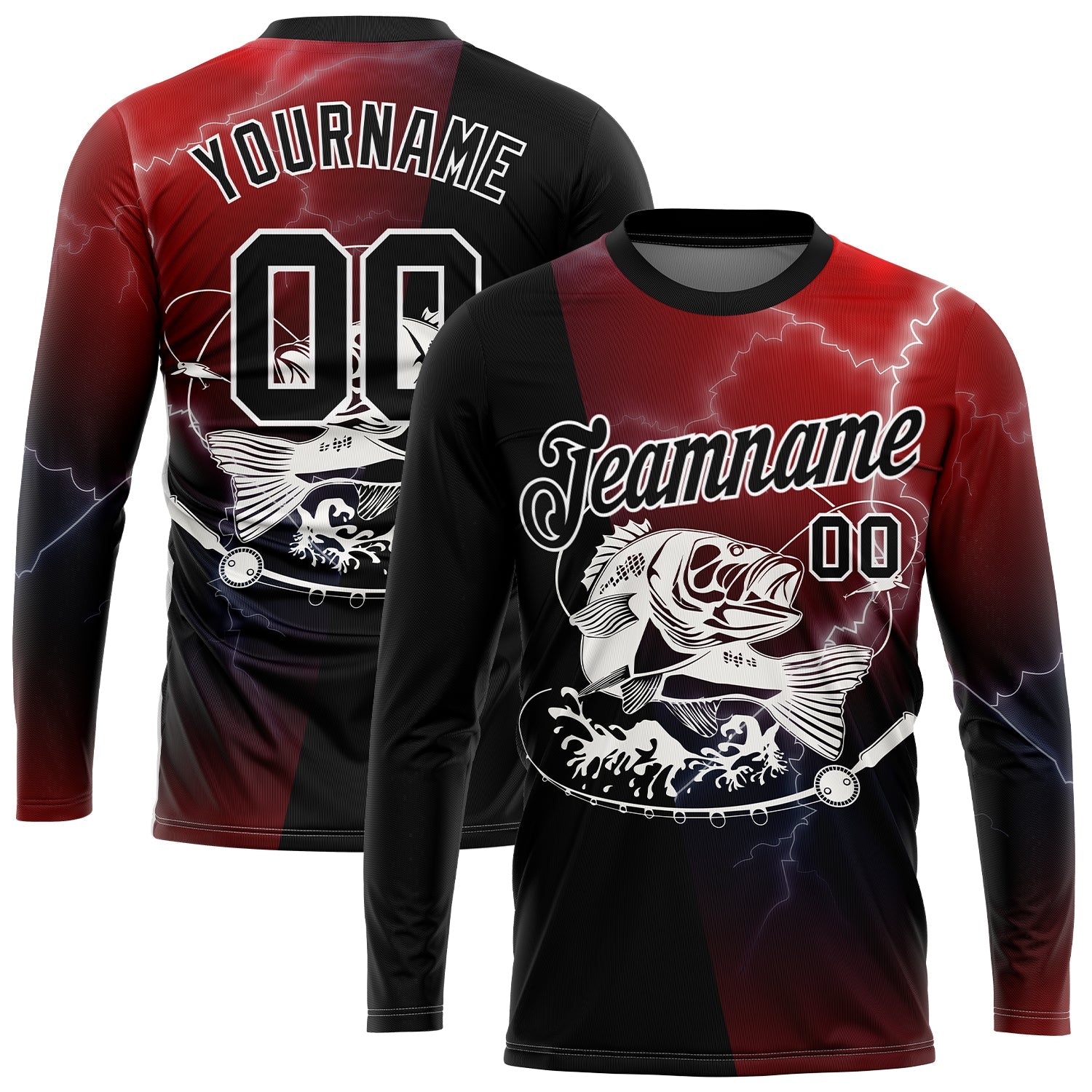 Custom Red Black-White 3D Lightning And Bass Fish Fishing Long Sleeve Performance T-Shirt - Main View