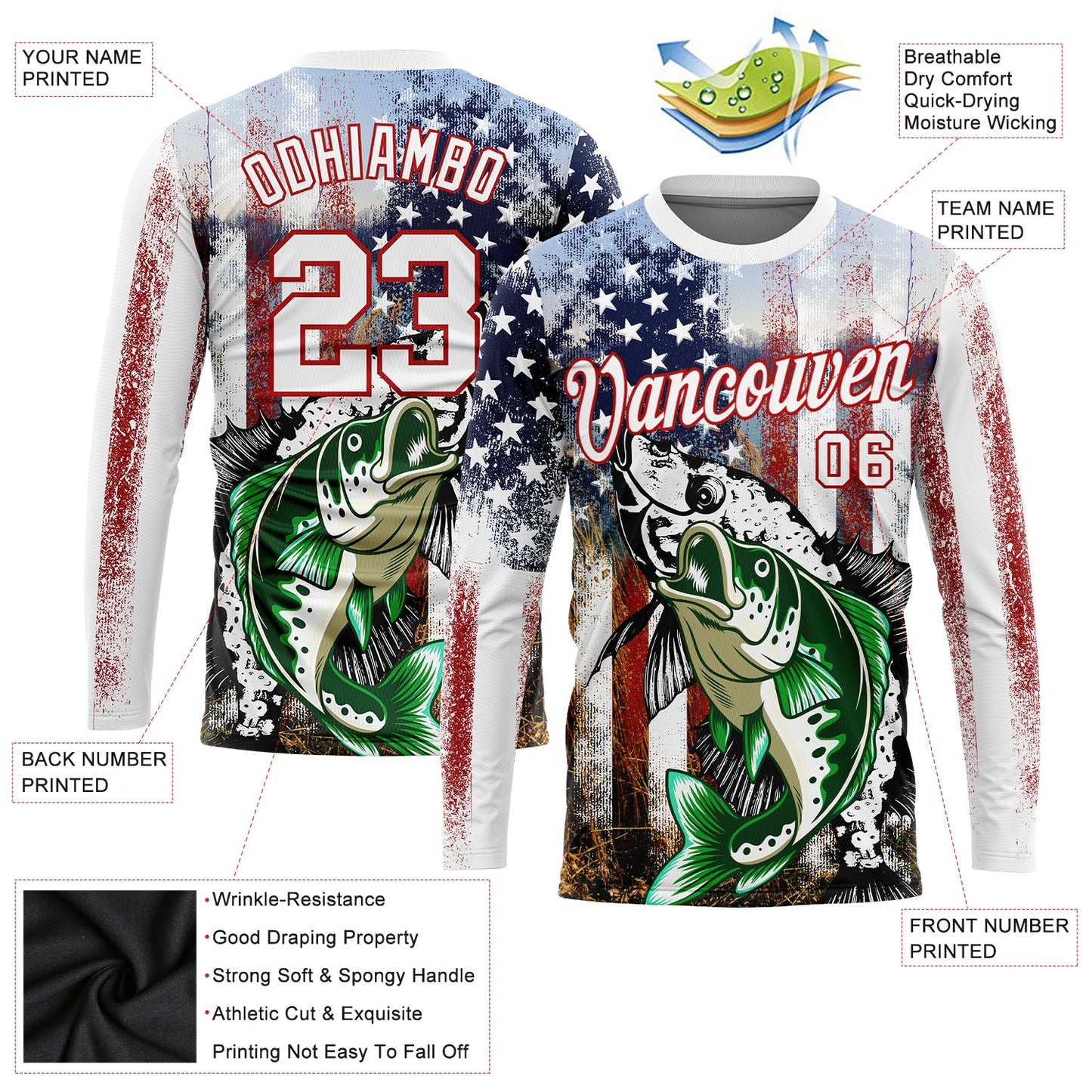 Custom White Red-Royal 3D American Flag And Bass Fish Fishing Long Sleeve Performance T-Shirt view 3