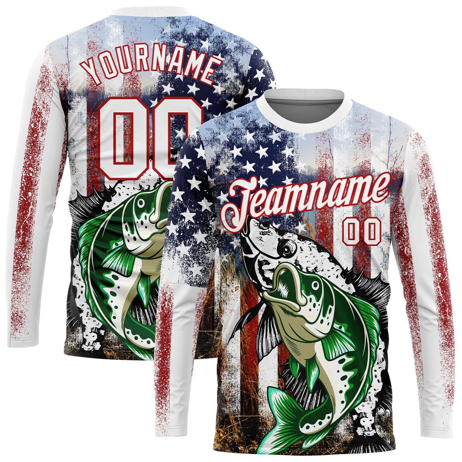 Custom White Red-Royal 3D American Flag And Bass Fish Fishing Long Sleeve Performance T-Shirt - Main View