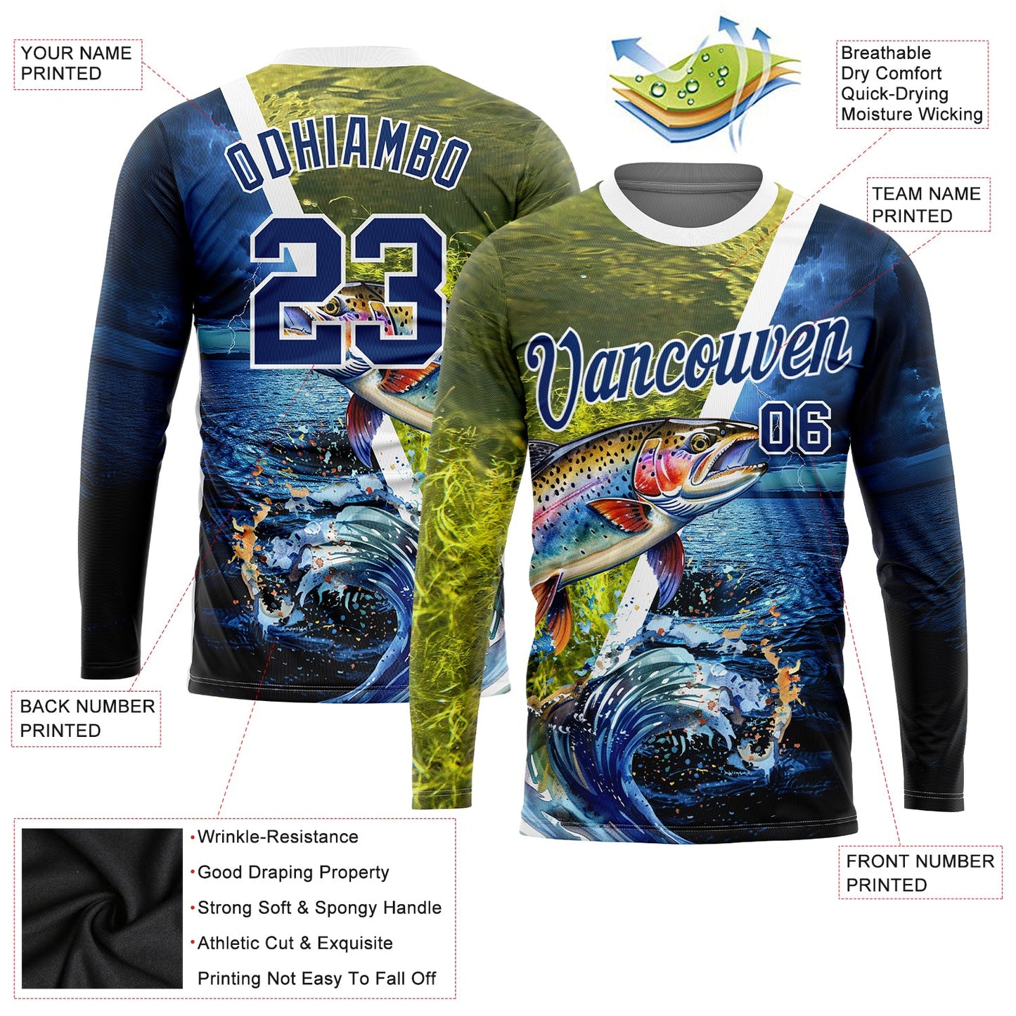 Custom US Navy Blue White 3D Rainbow Trout Fish Fishing Long Sleeve Performance T-Shirt view 2