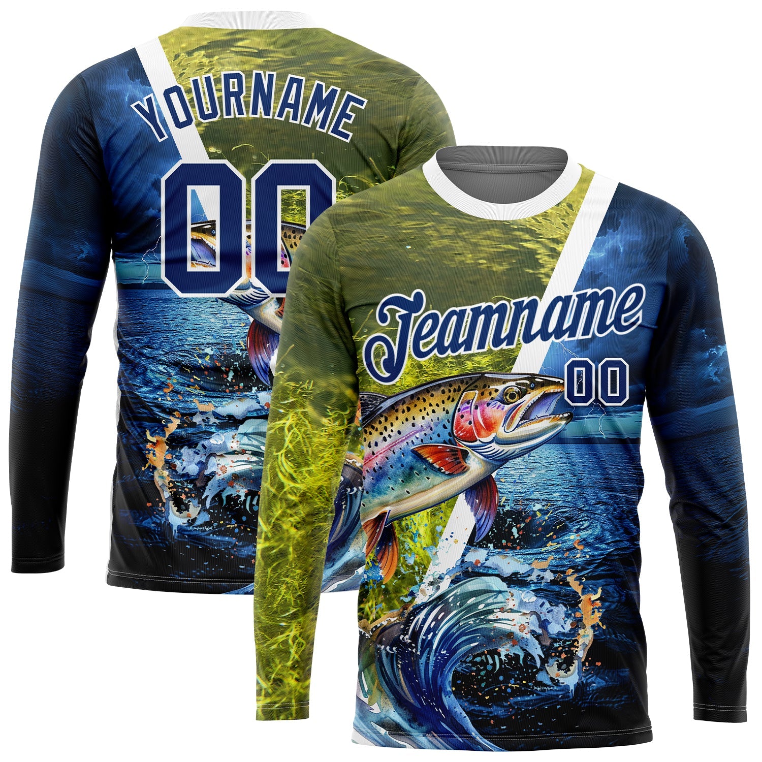Custom US Navy Blue White 3D Rainbow Trout Fish Fishing Long Sleeve Performance T-Shirt - Main View