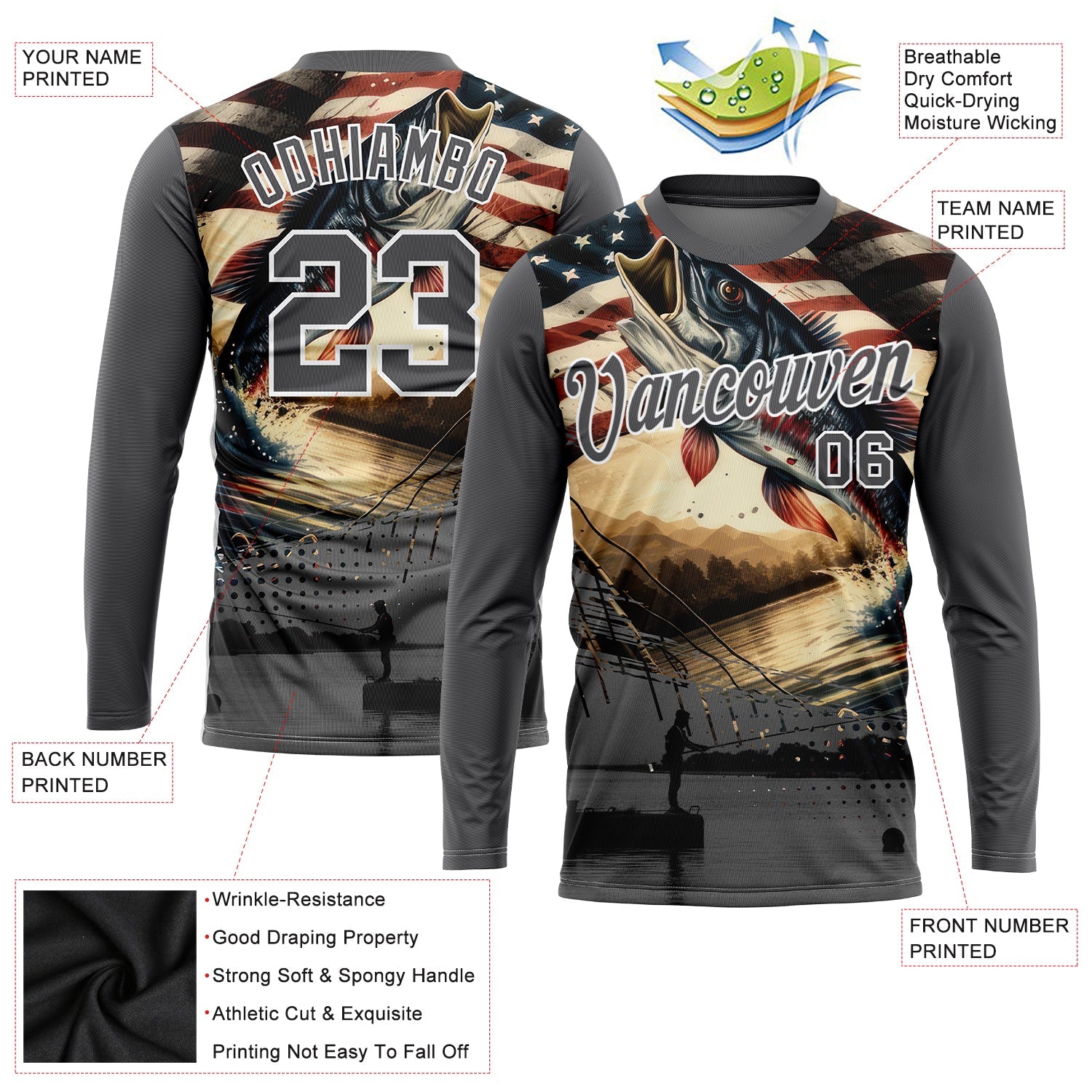 Custom Steel Gray White 3D American Flag And Fish Fishing Long Sleeve Performance T-Shirt view 2