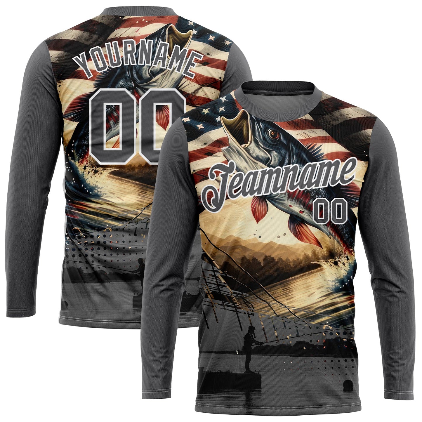 Custom Steel Gray White 3D American Flag And Fish Fishing Long Sleeve Performance T-Shirt - Main View