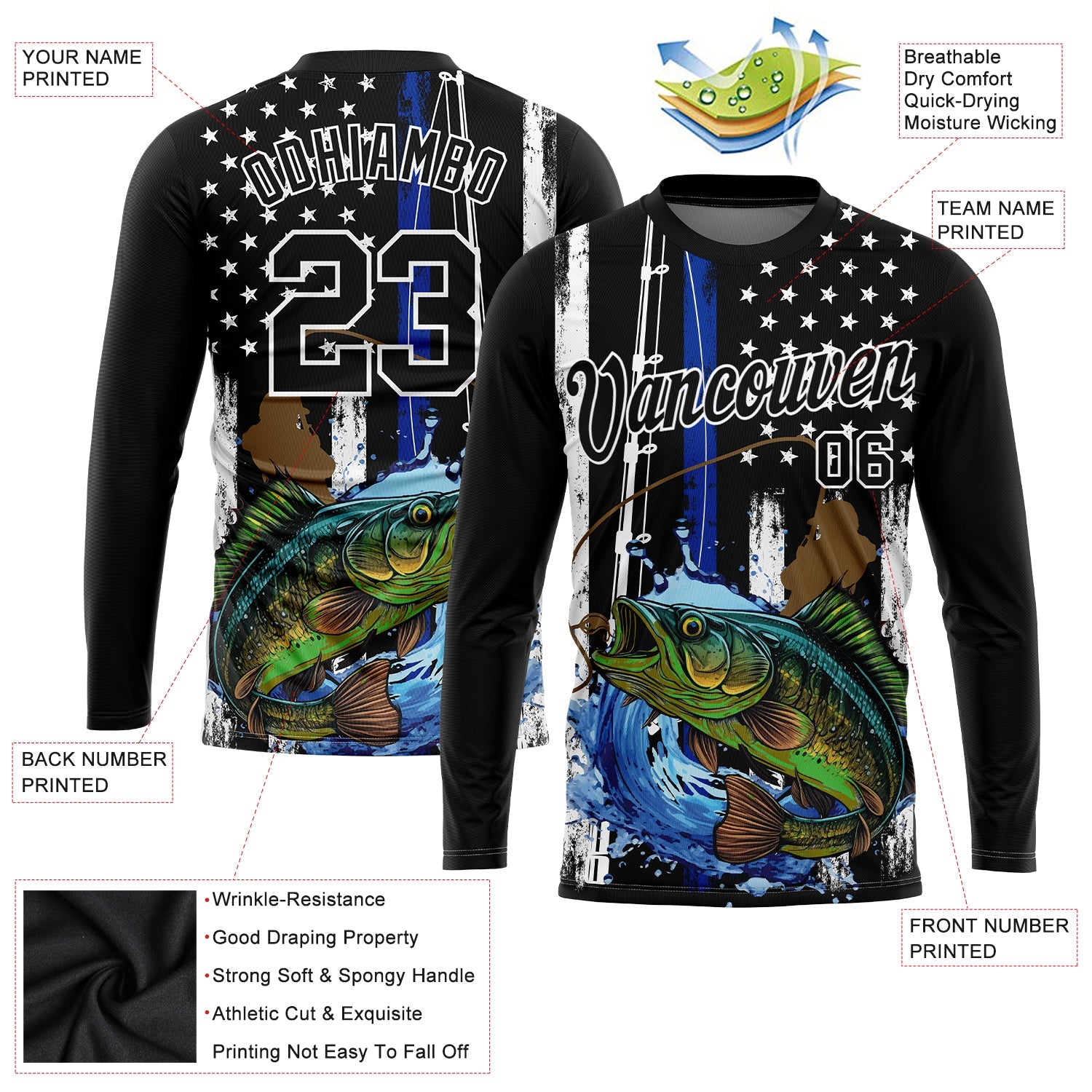 Custom Black White 3D American Flag And Fish Fishing Long Sleeve Performance T-Shirt view 2