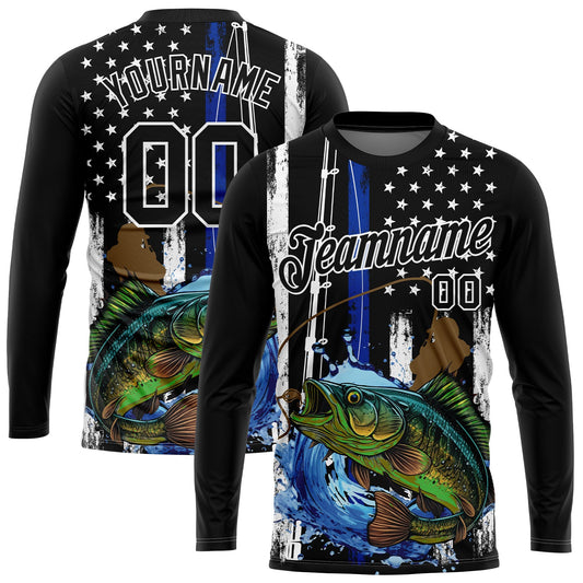 Custom Black White 3D American Flag And Fish Fishing Long Sleeve Performance T-Shirt - Main View
