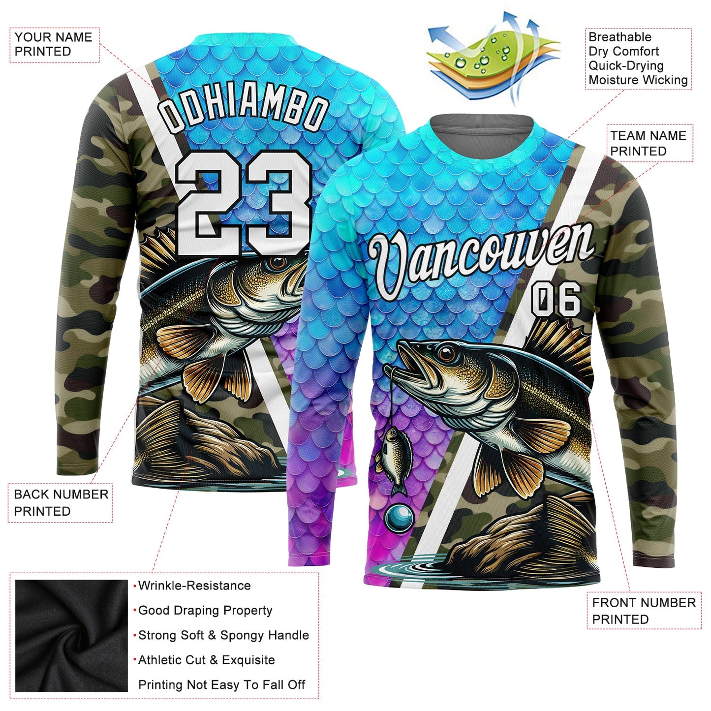 Custom Camo White-Black 3D Fish Fishing Long Sleeve Performance T-Shirt view 2