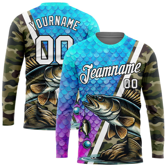 Custom Camo White-Black 3D Fish Fishing Long Sleeve Performance T-Shirt - Main View