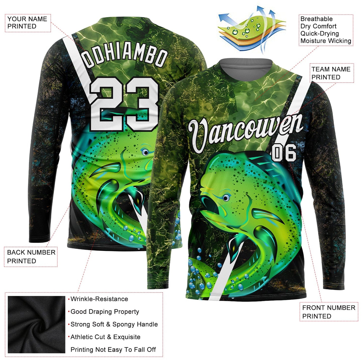 Custom Olive White-Black 3D Fish Fishing Long Sleeve Performance T-Shirt view 2