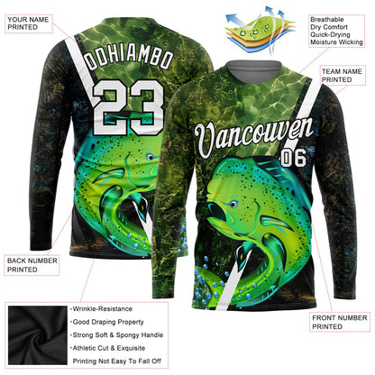 Custom Olive White-Black 3D Fish Fishing Long Sleeve Performance T-Shirt view 2