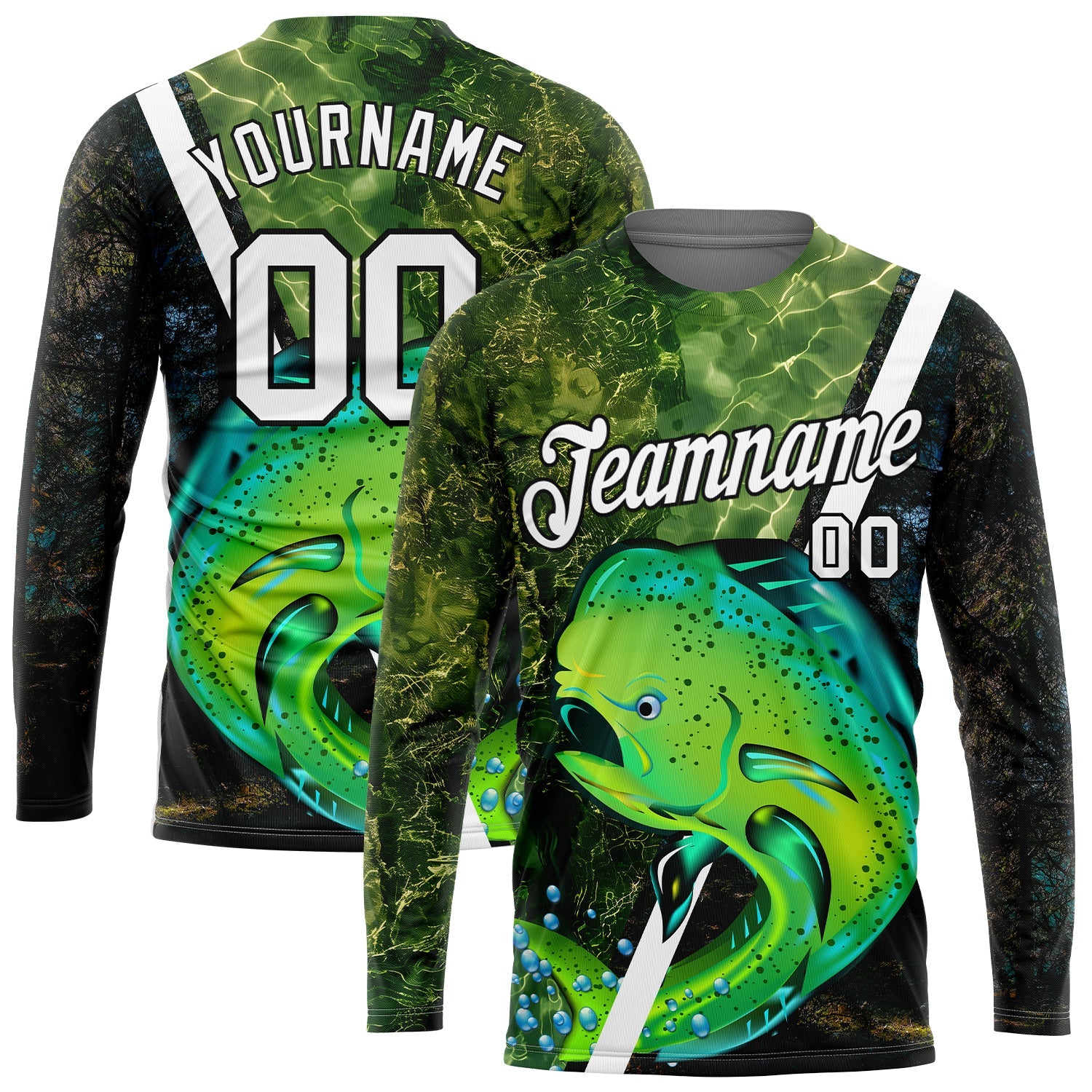 Custom Olive White-Black 3D Fish Fishing Long Sleeve Performance T-Shirt - Main View