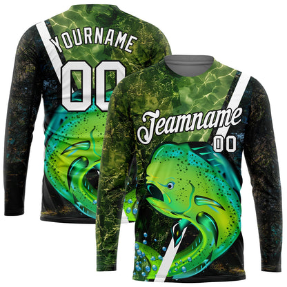 Custom Olive White-Black 3D Fish Fishing Long Sleeve Performance T-Shirt - Main View