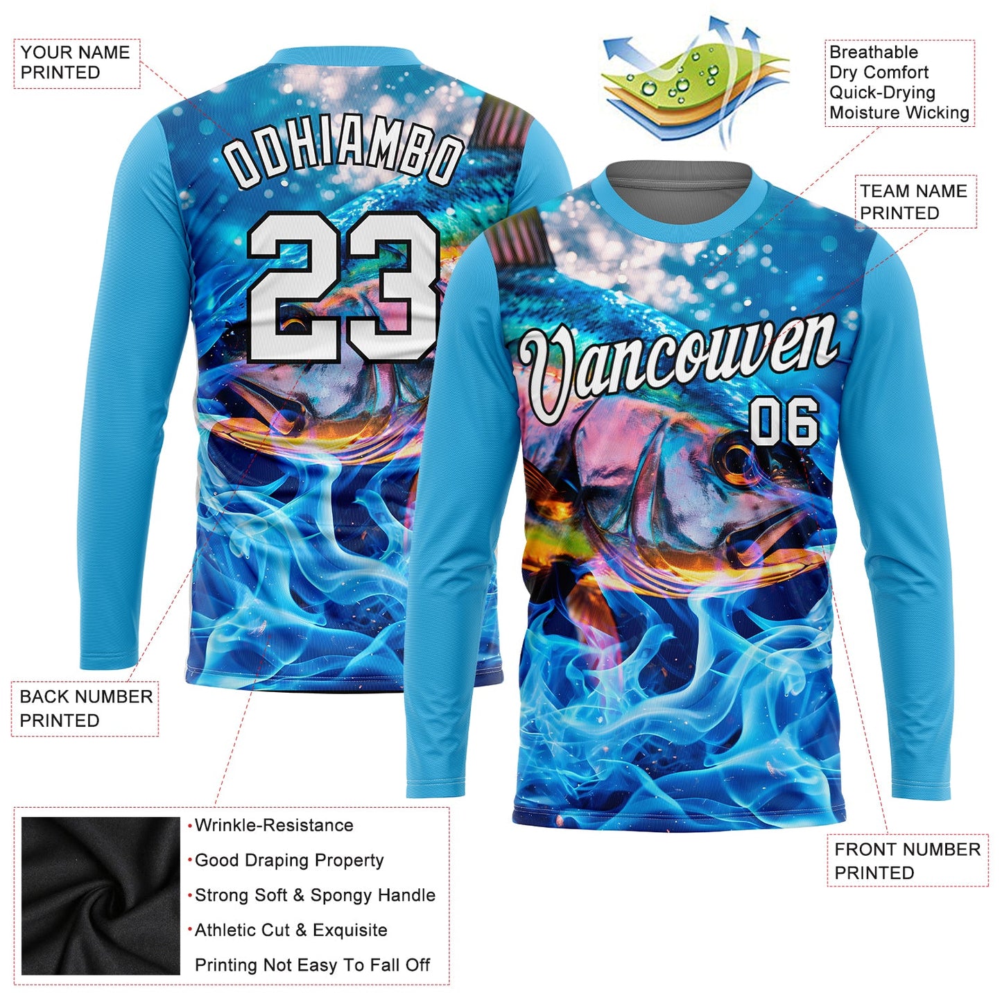 Custom Panther Blue White-Black 3D Fish Fishing Long Sleeve Performance T-Shirt view 2