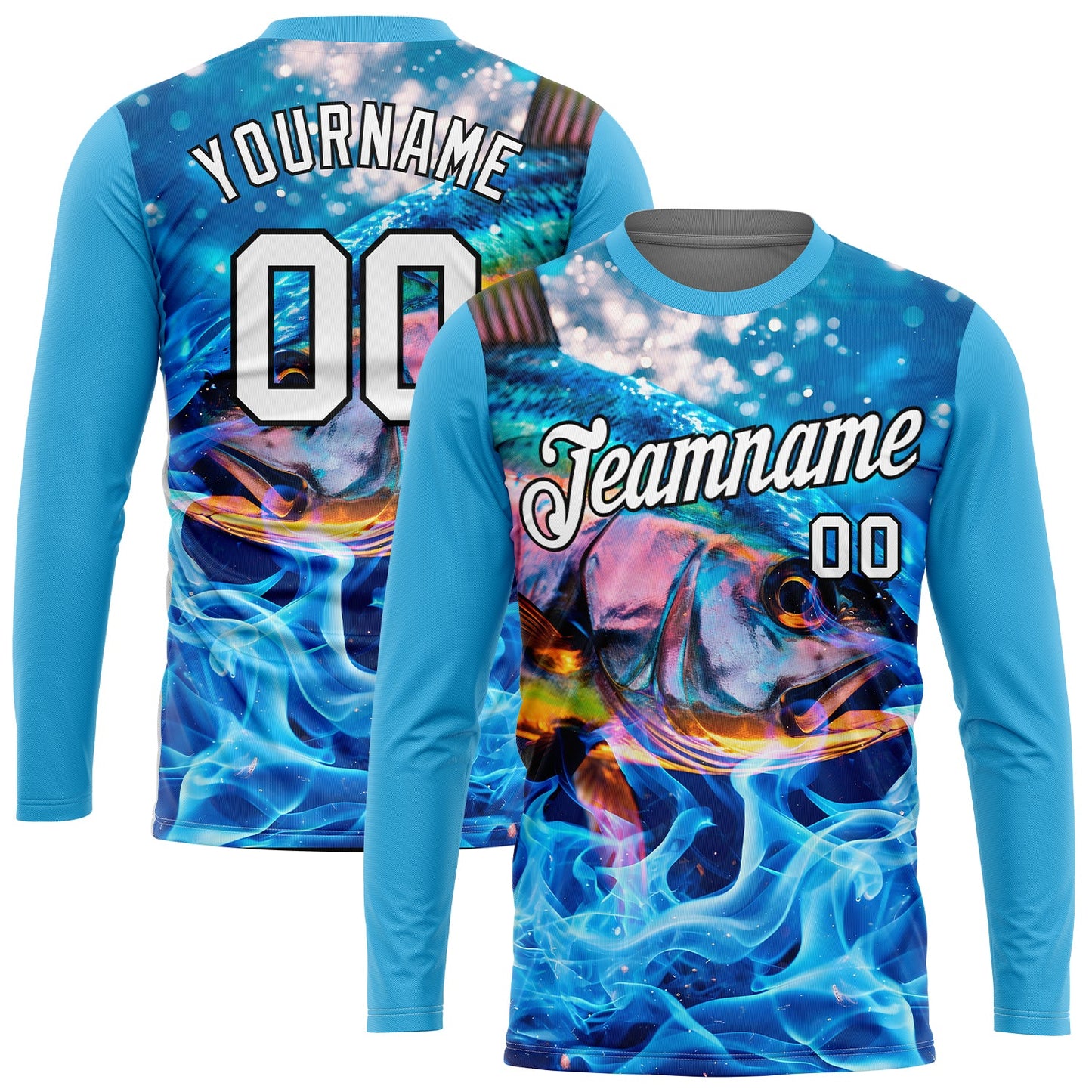 Custom Panther Blue White-Black 3D Fish Fishing Long Sleeve Performance T-Shirt - Main View
