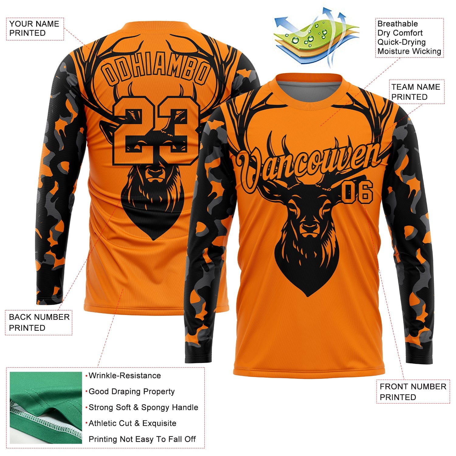 Custom Bay Orange Black-Camo 3D Animal Deer Hunting Long Sleeve Performance T-Shirt view 2