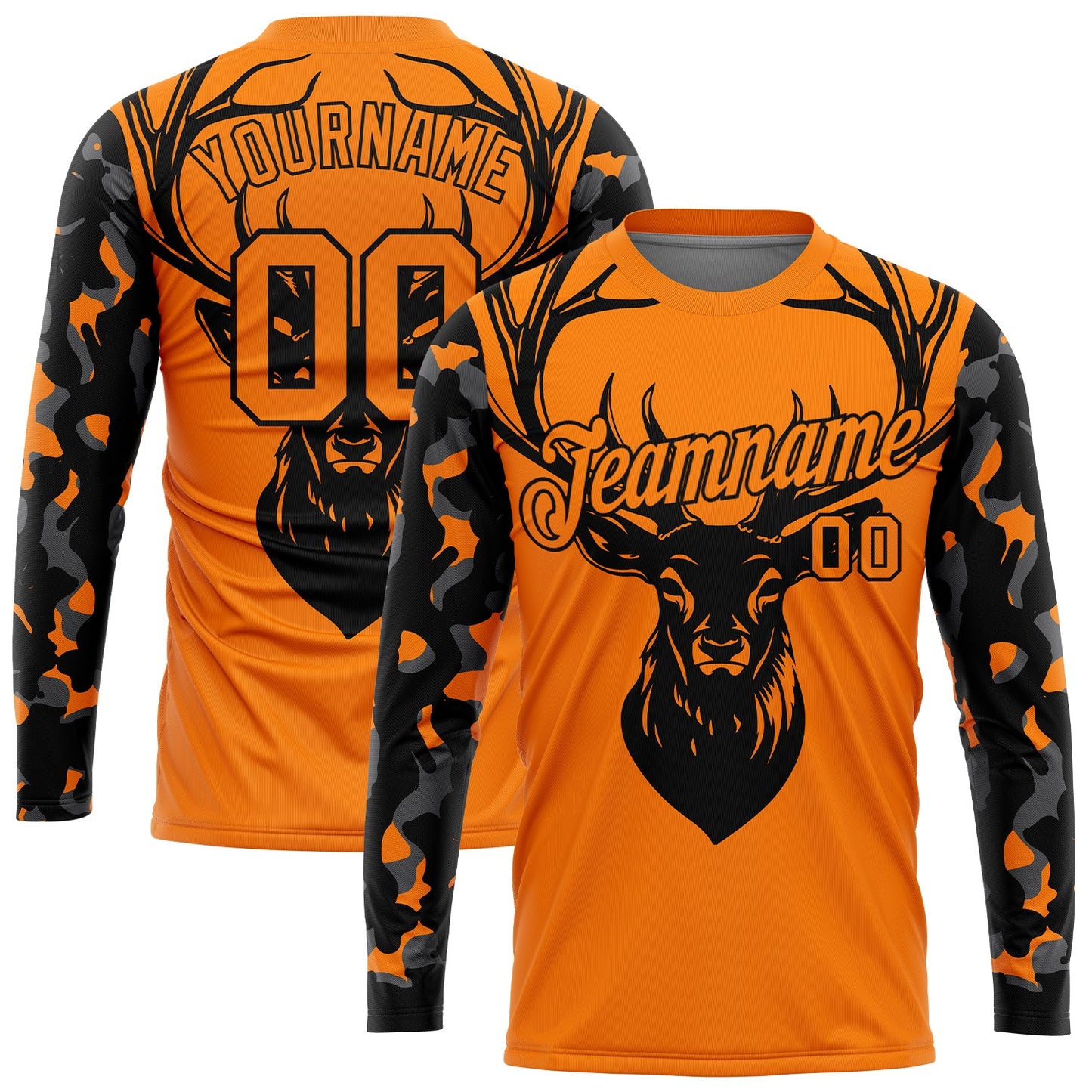 Custom Bay Orange Black-Camo 3D Animal Deer Hunting Long Sleeve Performance T-Shirt - Main View