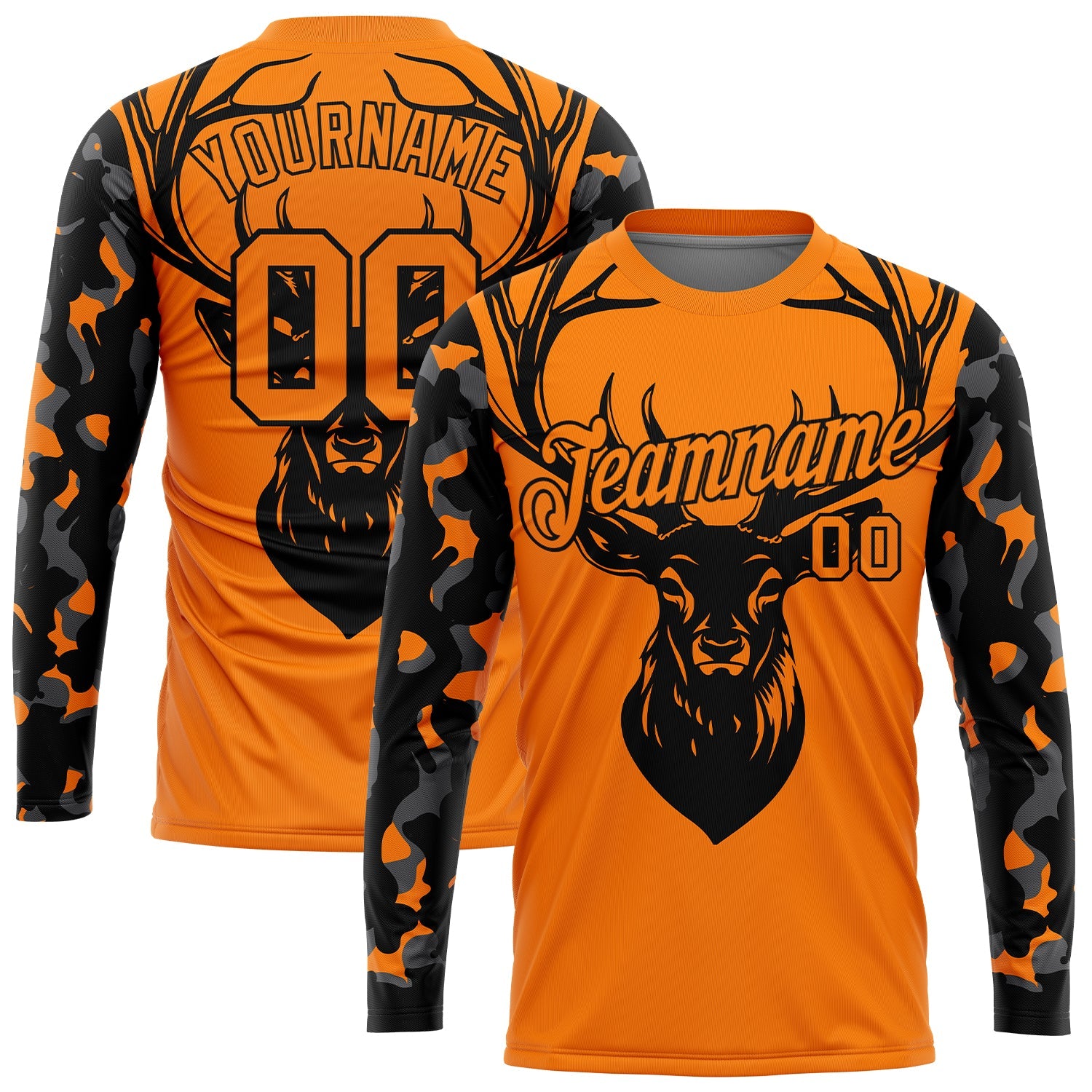 Custom Bay Orange Black-Camo 3D Animal Deer Hunting Long Sleeve Performance T-Shirt - Main View