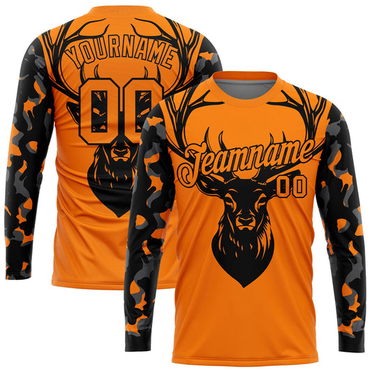 Custom Bay Orange Black-Camo 3D Animal Deer Hunting Long Sleeve Performance T-Shirt - Main View