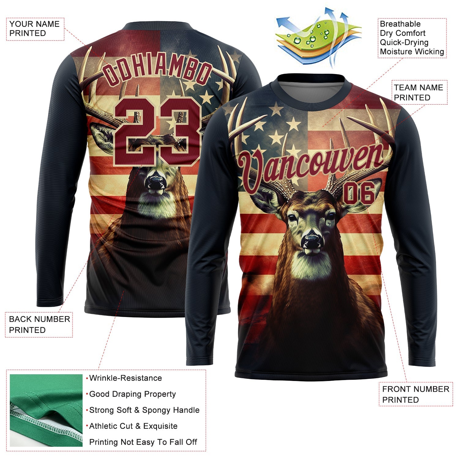 Custom Navy Crimson-City Cream 3D Animal Deer Hunting American Flag Long Sleeve Performance T-Shirt view 2
