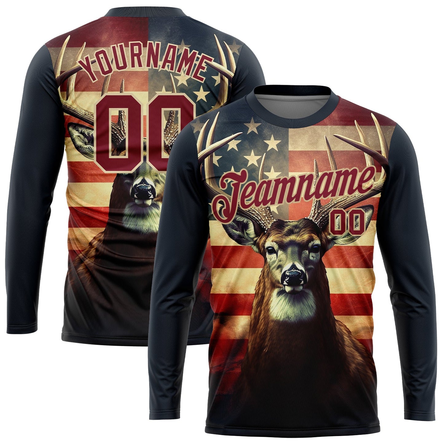 Custom Navy Crimson-City Cream 3D Animal Deer Hunting American Flag Long Sleeve Performance T-Shirt - Main View