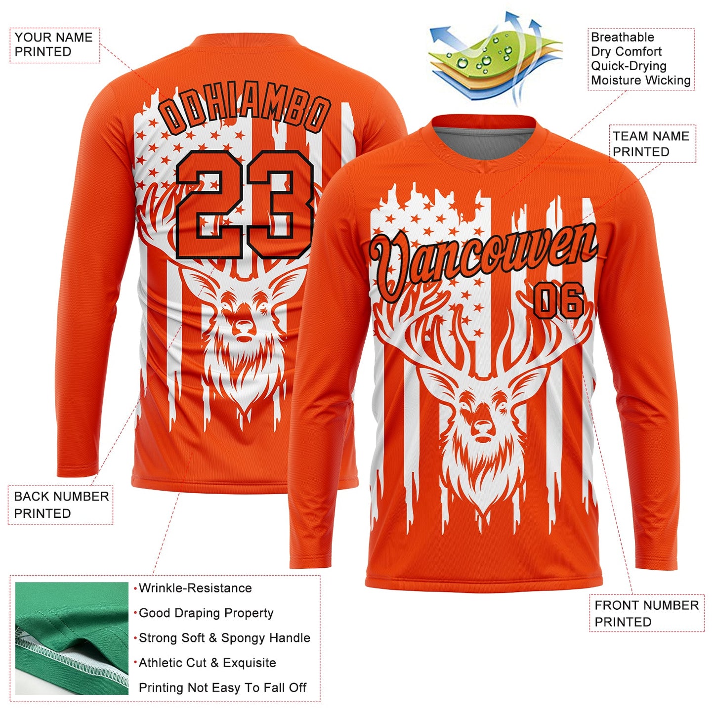 Custom Orange Black-White 3D Animal Deer Hunting American Flag Long Sleeve Performance T-Shirt view 2