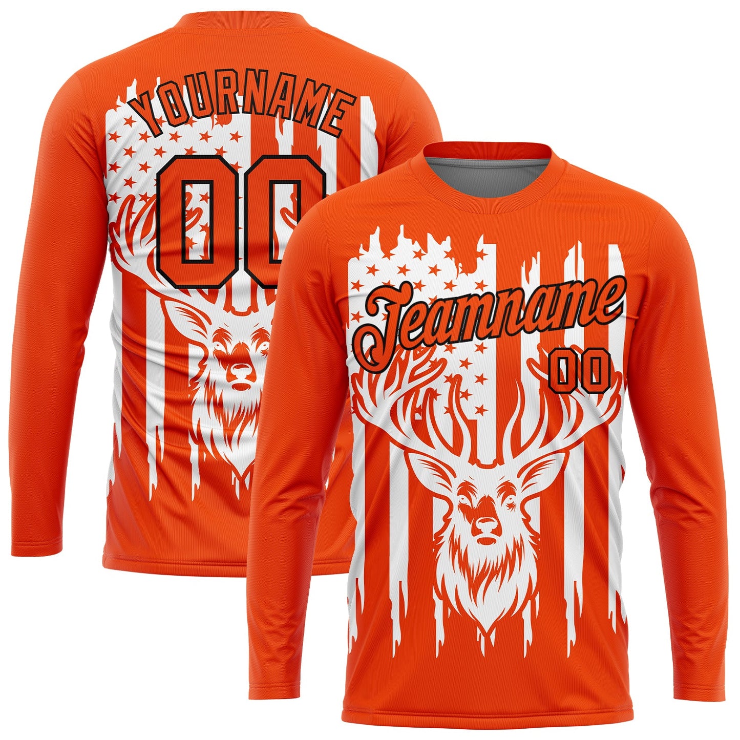 Custom Orange Black-White 3D Animal Deer Hunting American Flag Long Sleeve Performance T-Shirt - Main View