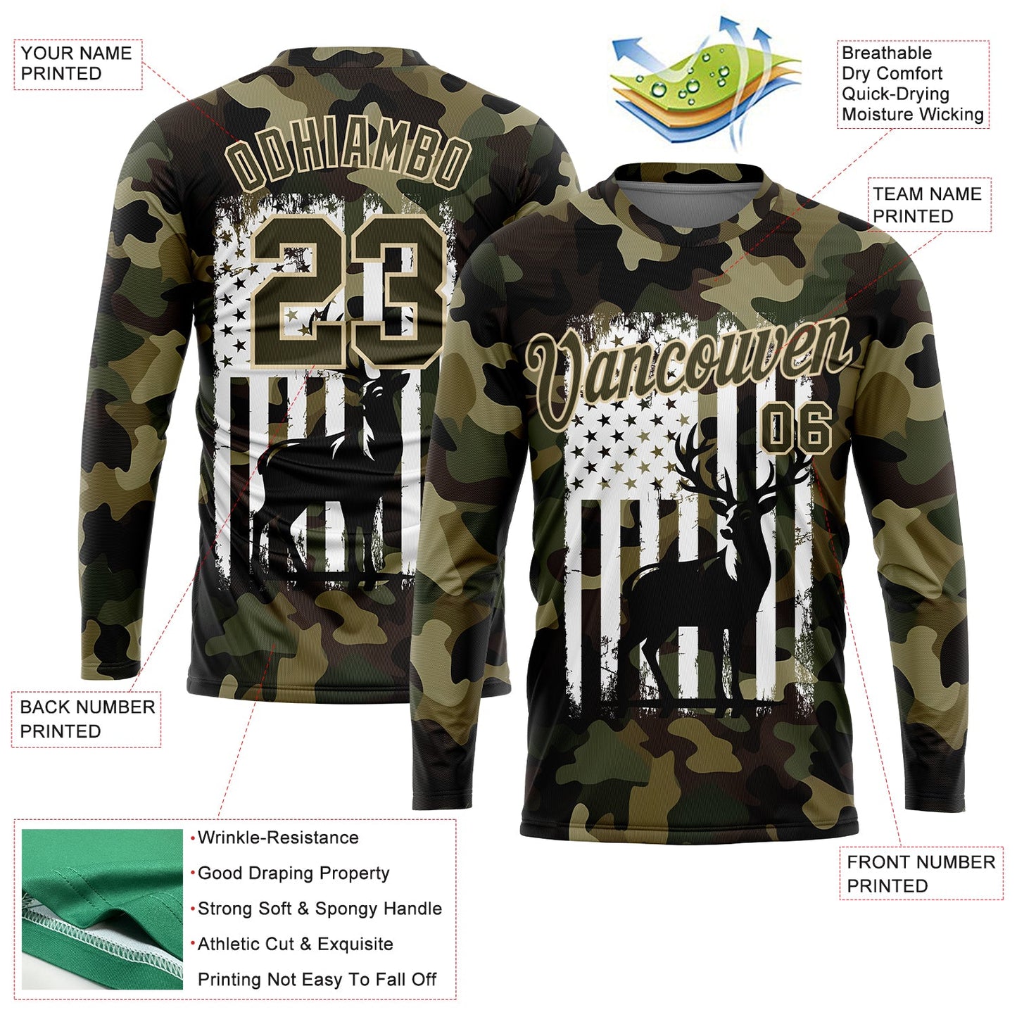 Custom Camo Olive-White 3D Animal Deer Hunting American Flag Long Sleeve Performance T-Shirt view 2