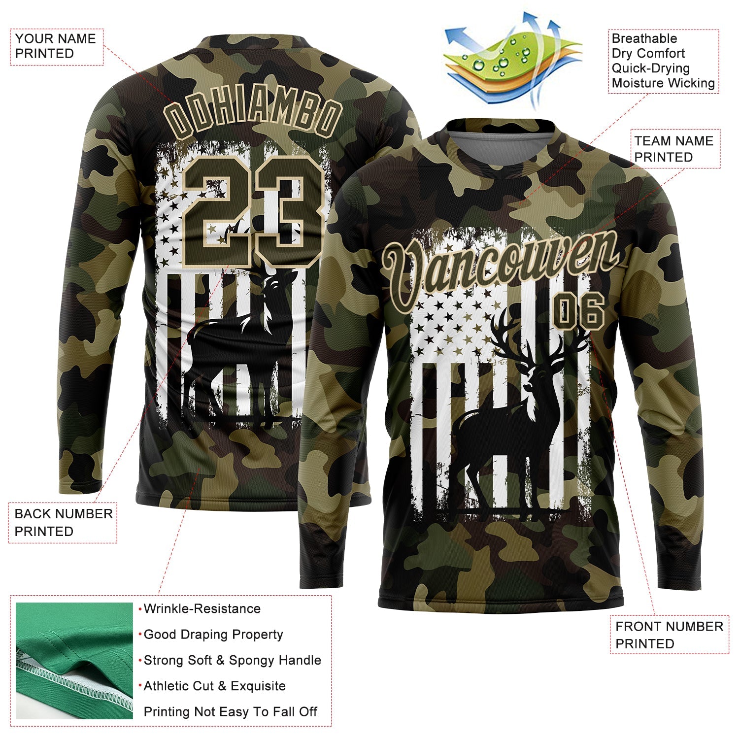 Custom Camo Olive-White 3D Animal Deer Hunting American Flag Long Sleeve Performance T-Shirt view 2