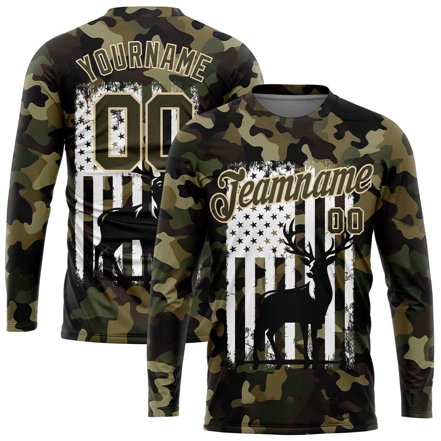 Custom Camo Olive-White 3D Animal Deer Hunting American Flag Long Sleeve Performance T-Shirt - Main View