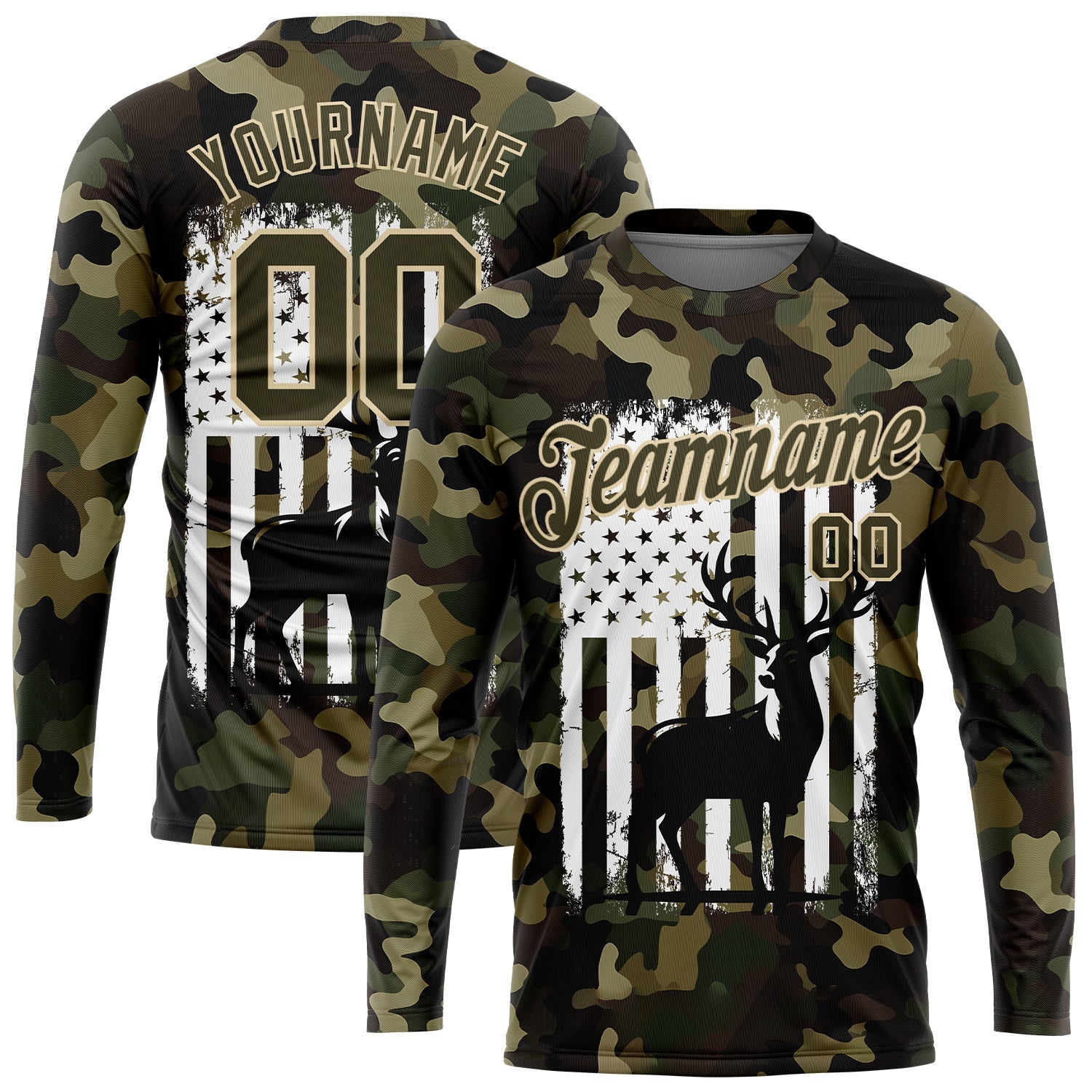 Custom Camo Olive-White 3D Animal Deer Hunting American Flag Long Sleeve Performance T-Shirt - Main View
